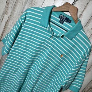 Polo Ralph Lauren Stripe Blue‎ White Short Sleeve Polo Shirt Mens Size XL